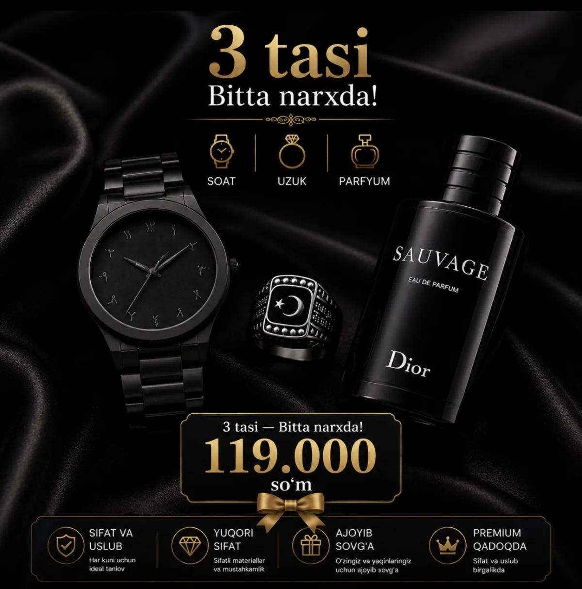 Premium Komplekt ⌚ Soat + Uzuk + Sauvage atir