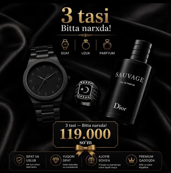 Premium Komplekt ⌚ Soat + Uzuk + Sauvage atir